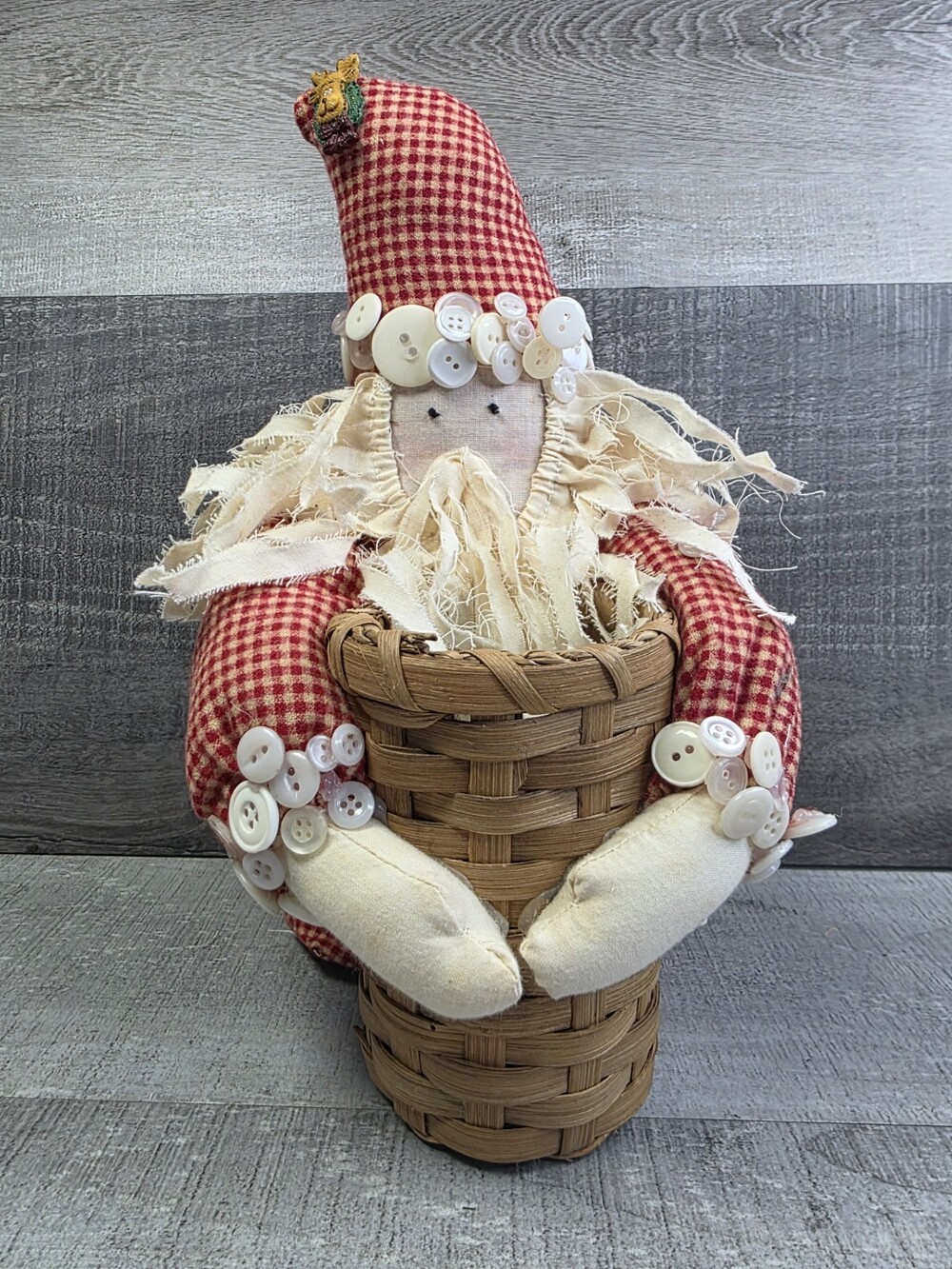 Vintage Cloth Button Santa Claus 12" Christmas Decor Basket Whimsical b307